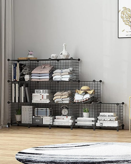 Wolizom Wire Cube Storage, Metal Grids Shelves Bookshelf, Stackable Modular Shelving Organizer, DIY Closet Bookcase Bookshelf, Grid Storage Shelf for Bedroom, Living Room, Office (Black, 12 Cube) - LeafyLoom