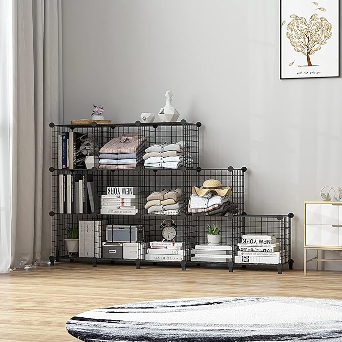 Wolizom Wire Cube Storage, Metal Grids Shelves Bookshelf, Stackable Modular Shelving Organizer, DIY Closet Bookcase Bookshelf, Grid Storage Shelf for Bedroom, Living Room, Office (Black, 12 Cube) - LeafyLoom