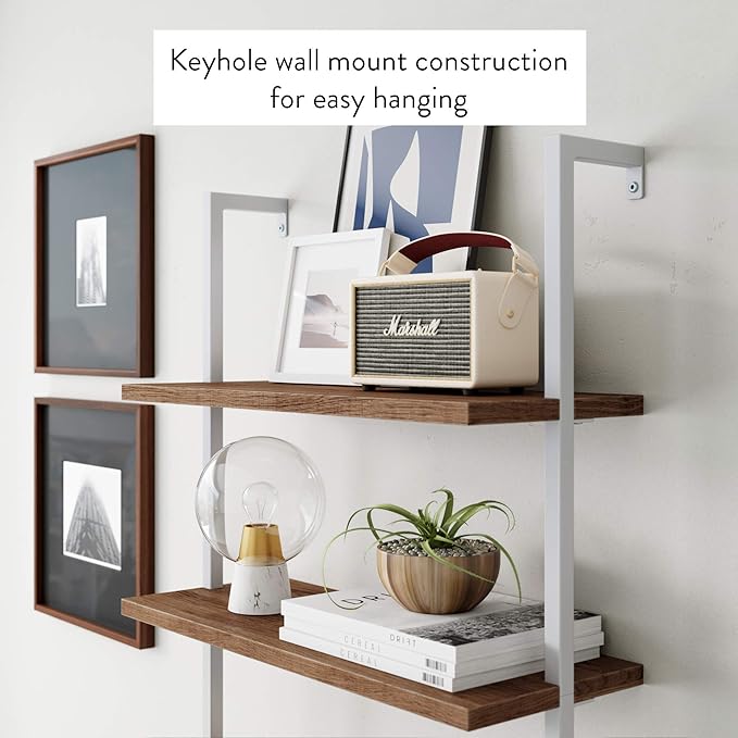 Nathan James Theo 4-Shelf Bookcase, Floating Wall Mount Shelves with Natural Wood and Industrial Pipe Metal Frame, Oak/White - LeafyLoom