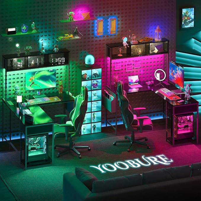 Yoobure L Shaped Desk Gaming Desk with LED Strip & Power Outlet, Reversible L-Shaped Computer Desk with Storage Shelf & Drawer, Corner Desk with Storage Bag, 2 Person Home Office Desk, Black - LeafyLoom