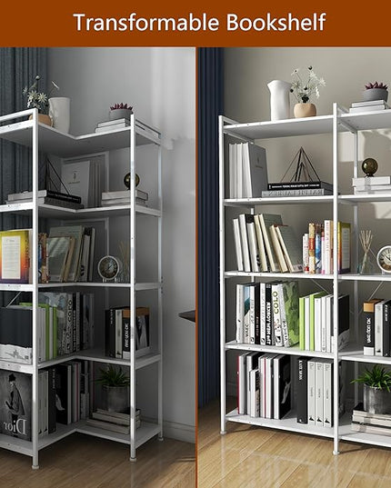 Bookshelf 5 Tier Deformable Corner Bookcase Free Standing Modern Industrial Book Storage Display Book Shelf for Bedroom Living Room Study Room Office (White) - LeafyLoom