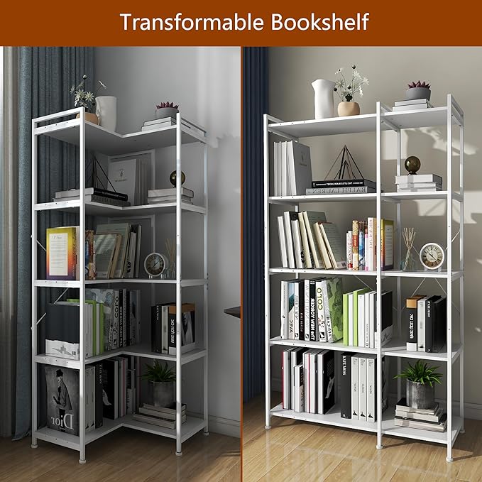 Bookshelf 5 Tier Deformable Corner Bookcase Free Standing Modern Industrial Book Storage Display Book Shelf for Bedroom Living Room Study Room Office (White) - LeafyLoom