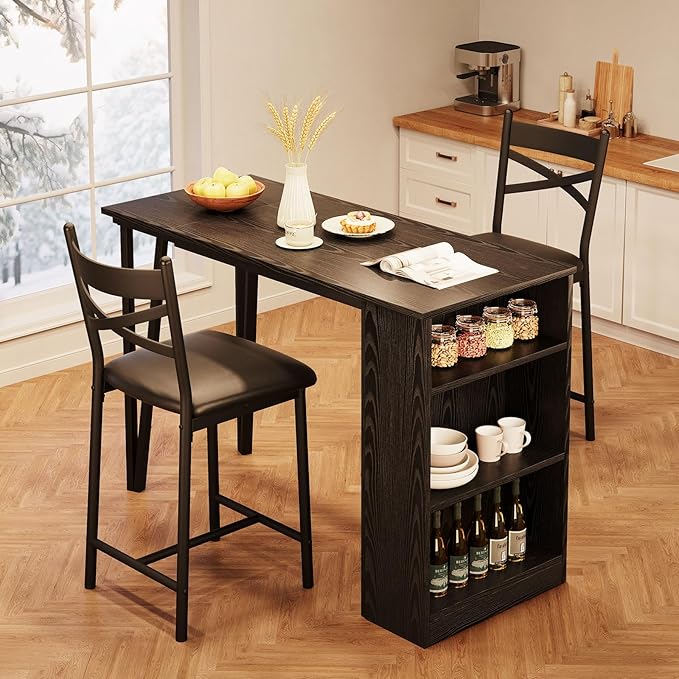 GAOMON Dining Table Set for 2, Kitchen Bar Table and Chairs for 2, 3-Piece Kitchen Table Set with 2 Upholstered Chairs, Expandable Counter Height Bar Table Set with 3 Storage Shelves, Black - LeafyLoom