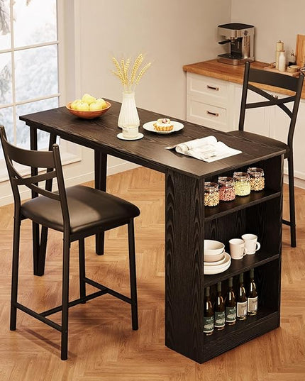 GAOMON Dining Table Set for 2, Kitchen Bar Table and Chairs for 2, 3-Piece Kitchen Table Set with 2 Upholstered Chairs, Expandable Counter Height Bar Table Set with 3 Storage Shelves, Black - LeafyLoom