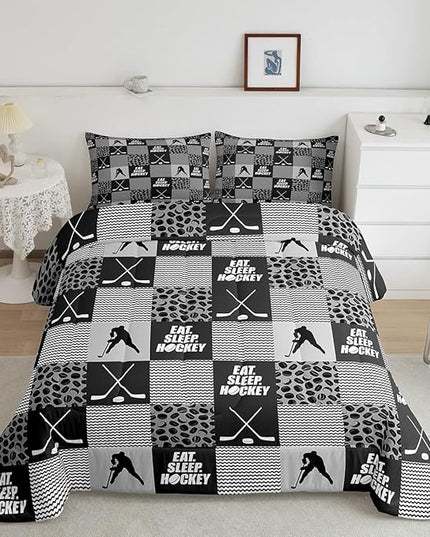 Ice Hockey Comforter Sets for Boys girls Twin Black White Grey Winter Sports Games Down Comforter Kids Teen Room Decor,Player Bedding Set Geometric Checkered Stripes Quilt Duvet 1 Pillow Case - LeafyLoom
