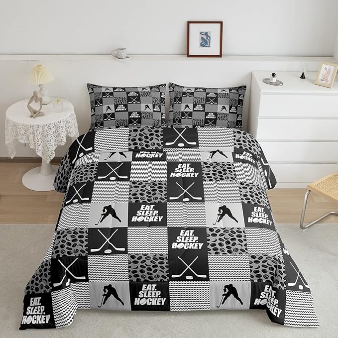Ice Hockey Comforter Sets for Boys girls Twin Black White Grey Winter Sports Games Down Comforter Kids Teen Room Decor,Player Bedding Set Geometric Checkered Stripes Quilt Duvet 1 Pillow Case - LeafyLoom