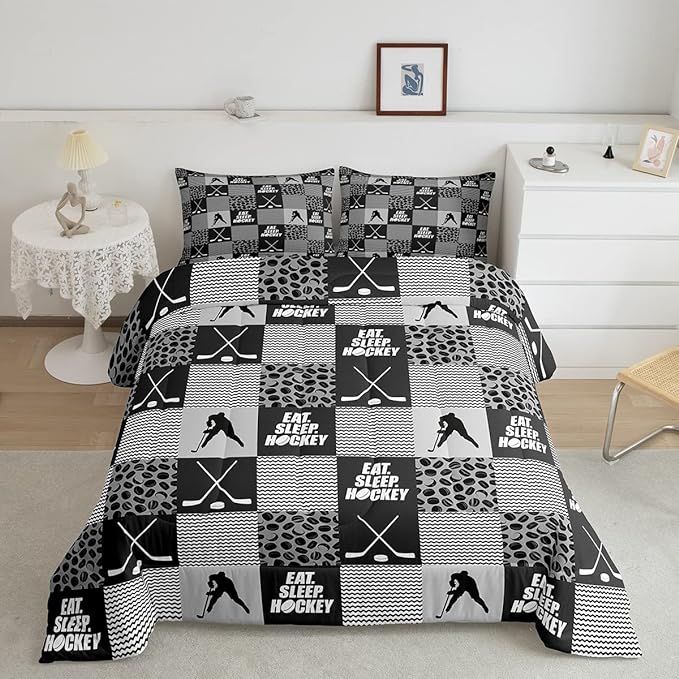 Ice Hockey Comforter Sets For Boys Full Black White Grey Winter Sports Games Down Comforter Kids Teen Room Decor,Hockey Pucks Player Bedding Set Geometric Checkered Stripes Quilt Duvet 2 Pillow Cases - LeafyLoom