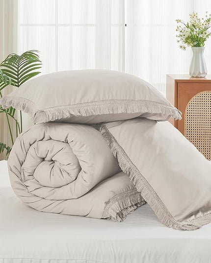 Litanika Linen Grey Cal King Size Comforter Set, Boho Tassel Comforter Aesthetic 3 Pieces, Lightweight Fringe Microfiber Bedding Set for All Season(1 Comforter 104x96 inch, 2 Pillowcases) - LeafyLoom