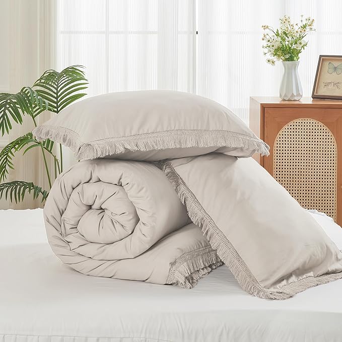 Litanika Linen Grey Cal King Size Comforter Set, Boho Tassel Comforter Aesthetic 3 Pieces, Lightweight Fringe Microfiber Bedding Set for All Season(1 Comforter 104x96 inch, 2 Pillowcases) - LeafyLoom