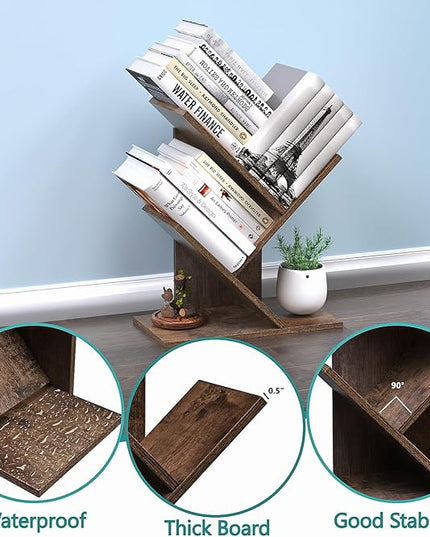 3 Tier Small Tree Bookshelf Desk Book Organizer Narrow Bookcases for Books Magazines CDs Free Standing Retro Wooden Storage Shelves for Home Office Bedroom Living Room Rustic Brown - LeafyLoom