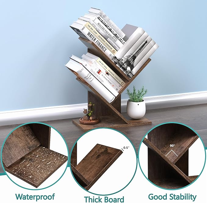 3 Tier Small Tree Bookshelf Desk Book Organizer Narrow Bookcases for Books Magazines CDs Free Standing Retro Wooden Storage Shelves for Home Office Bedroom Living Room Rustic Brown - LeafyLoom