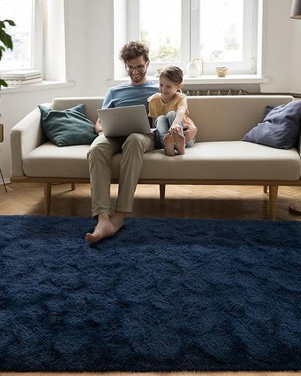 Softlife Rug for Bedroom 5.3x7.6 Feet Area Rug for Living Room Soft Shaggy Rugs for Kids Room Fluffy Fuzzy Carpets Long Plush Bedside Rug Nursery Christmas Home Decoration for Boys Girls, Navy Blue - LeafyLoom