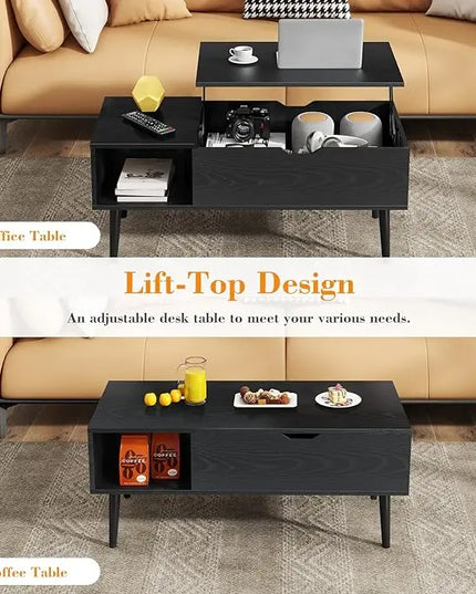 Coffee Table, Lift Top Coffee Tables for Living Room, Small Modern Wooden Center Tables with Storage Shelf and Hidden Compartment - LeafyLoom