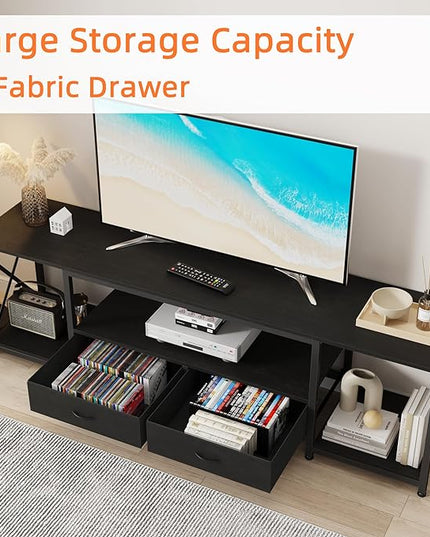 TV Stand with Fabric Drawers for 75 80 Inches TV - Entertainment Center and Industrial TV Console Table with Open Storage Shelves for Living Room, Bedroom- 71.5" Black - LeafyLoom