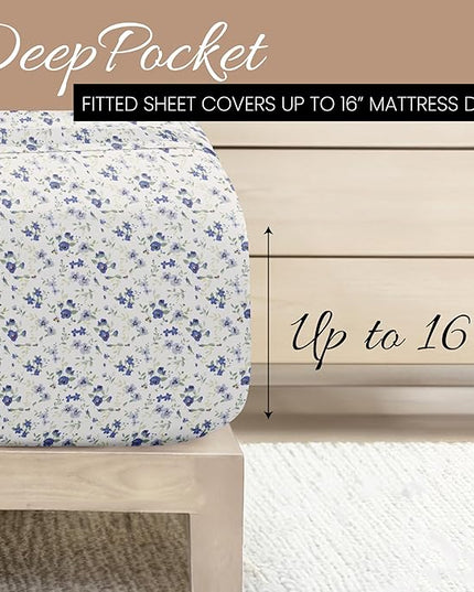 4 Piece Cal King Bedding Sheet Set (Light Blue Floral) - Sleep Better Than Ever with These Ultra-Soft & Cooling Bed Sheets for Your Cal King Size Bed - Deep Pocket Fits 16" Mattress - LeafyLoom