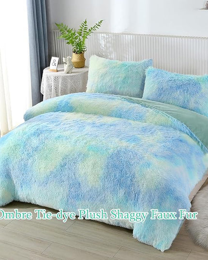 WINLIFE Shaggy Bedding Comforter Set Faux Fur Flannel Furry Comforter Microfiber Long Hair Fluffy Plush Comforter Sets Gradient Ombre Blue Aqua Teal Bedding for Girls Adults (3Pcs, Queen, Mint Green) - LeafyLoom