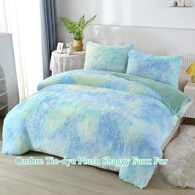 WINLIFE Shaggy Bedding Comforter Set Faux Fur Flannel Furry Comforter Microfiber Long Hair Fluffy Plush Comforter Sets Gradient Ombre Blue Aqua Teal Bedding for Girls Adults (3Pcs, Queen, Mint Green) - LeafyLoom