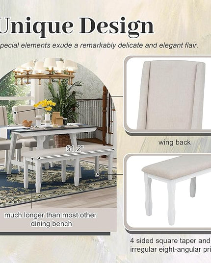 78Inch Dining Table Set for 6, Rectangular Extendable Dining Table with two 12" W Removable Leaves and 4 Upholstered Chairs & 1 Bench for Dining Room, Grey+White - LeafyLoom