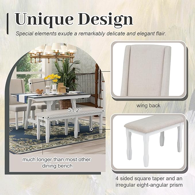 78Inch Dining Table Set for 6, Rectangular Extendable Dining Table with two 12" W Removable Leaves and 4 Upholstered Chairs & 1 Bench for Dining Room, Grey+White - LeafyLoom