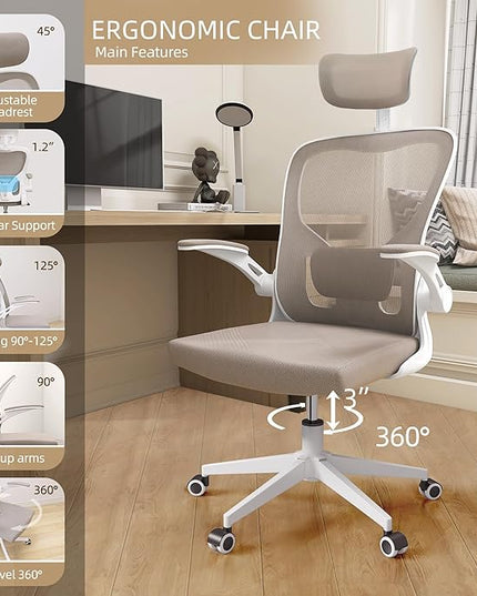 Ergonomic Office Chair, High Back Mesh Computer Desk Chair with Flip-up Arms, Adjustable Lumbar Support & Headrest, Swivel Rolling Task Chair for Home Office, Bedroom, Study, College Dorm khaki - LeafyLoom