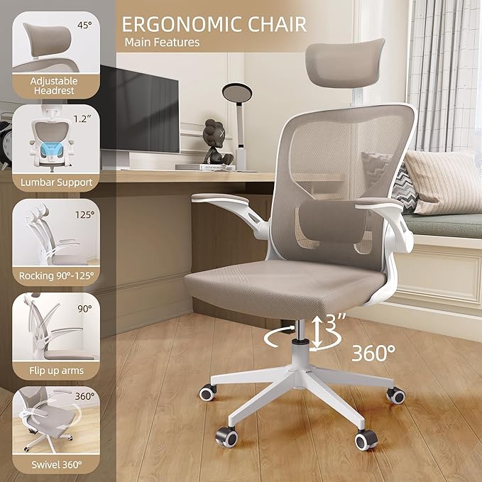 Ergonomic Office Chair, High Back Mesh Computer Desk Chair with Flip-up Arms, Adjustable Lumbar Support & Headrest, Swivel Rolling Task Chair for Home Office, Bedroom, Study, College Dorm khaki - LeafyLoom