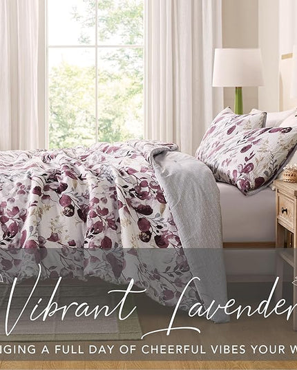 Codi Floral Queen Comforter Set for Womens, Spring Lavender Bedding Sets with Soft Seersucker 3pcs - 1 Flower Comforters and 2 Pillows Case, Lilac Purple - LeafyLoom