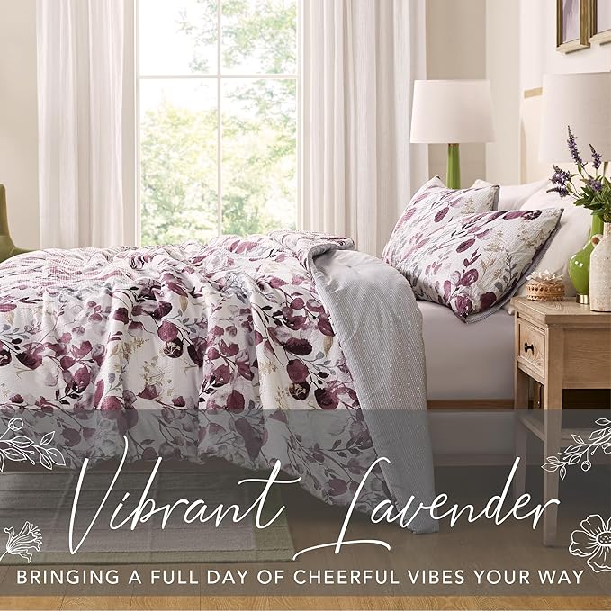 Codi Floral Queen Comforter Set for Womens, Spring Lavender Bedding Sets with Soft Seersucker 3pcs - 1 Flower Comforters and 2 Pillows Case, Lilac Purple - LeafyLoom