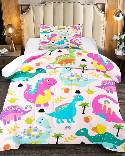 Dinosaur Twin Bedding Set, Cartoon Dinosaur Comforter Set Twin Girl Bedding Set for Girls Room Soft Breathable Dino Quilt Kids Bedding Set for All Season, 1 Comforter 1 Pillowcase - LeafyLoom