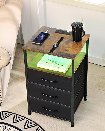Nightstands Set of 2, Large End Tables Living Room, Bed Side Tables with Charging Station, 24.7" Tall Night Stand with 3 Fabric Drawers and LED Light Strip for Bedroom HNS013BR - LeafyLoom