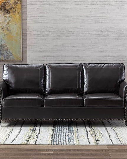 Dreamsir 79'' Traditional Faux Leather Sofa Couch with Nailhead Trim, Classic 3-Seater Couch with Rolled Arms for Living Room, Bedroom, Apartment, Easy Assembly (Charcoal) - LeafyLoom