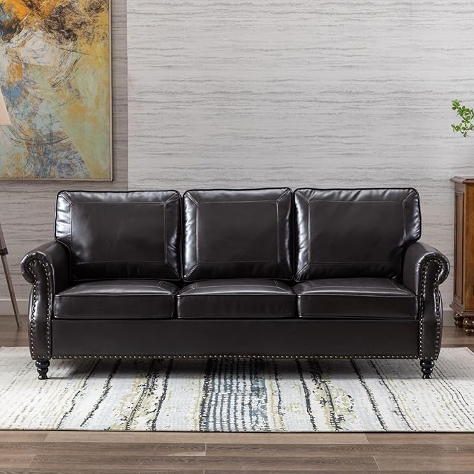 Dreamsir 79'' Traditional Faux Leather Sofa Couch with Nailhead Trim, Classic 3-Seater Couch with Rolled Arms for Living Room, Bedroom, Apartment, Easy Assembly (Charcoal) - LeafyLoom