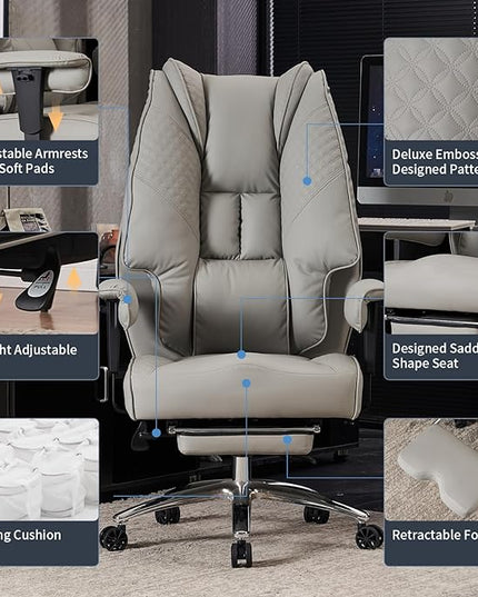Big and Tall Office Chair 400lbs Wide Seat, Leather High Back Executive Office Chair with Foot Rest, Ergonomic Office Chair Lumbar Support for Lower Back Pain Relief (Light Grey) - LeafyLoom