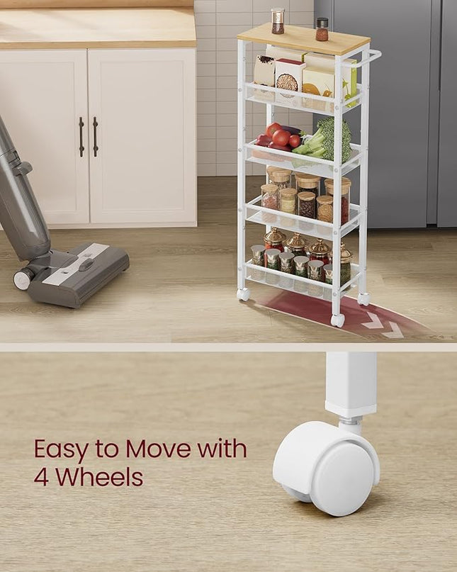 VASAGLE Slim Rolling Cart, 5-Tier Storage Cart, Narrow Cart with Handle, 8.7 Inches Deep, Metal Frame, for Kitchen, Dining Room, Living Room, Home Office, Oak Beige and White ULRC035W09 - LeafyLoom