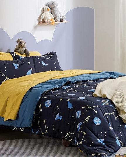 SLEEP ZONE Kids Bedding Comforter Set Full/Queen Size - Super Cute & Soft Kids Bedding 7 Pieces Set with Comforter, Sheet, Pillowcase & Sham (Navy Galaxy) - LeafyLoom