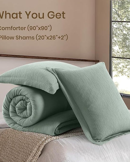 Sage Green Queen Comforter Set, 3 Piece Crinkle Design Summer Beddding Queen Size, Minimalist Queen Bed Set with Modern Green Comforter & Shams (Queen, 90"x90") - LeafyLoom