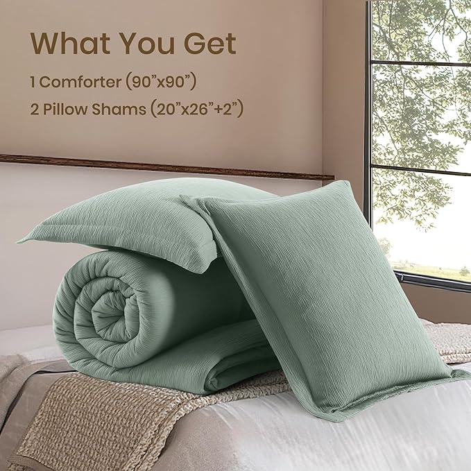 Sage Green Queen Comforter Set, 3 Piece Crinkle Design Summer Beddding Queen Size, Minimalist Queen Bed Set with Modern Green Comforter & Shams (Queen, 90"x90") - LeafyLoom