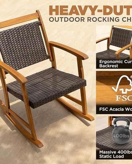 Solid Wood Chairs Set of 2 with End Table, Wicker Rocking Design - LeafyLoom