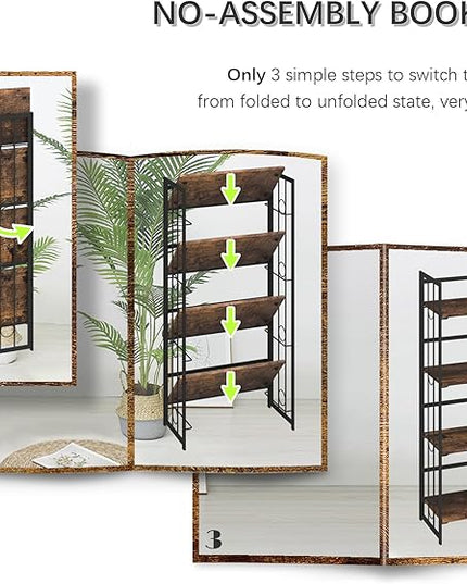 4NM No-Assembly 4 Tiers Folding Bookshelf Storage Shelves Vintage Bookcase Standing Racks Study Organizer Home Office - Rustic Brown and Black - LeafyLoom