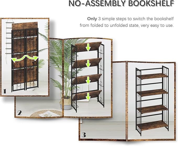 4NM No-Assembly 4 Tiers Folding Bookshelf Storage Shelves Vintage Bookcase Standing Racks Study Organizer Home Office - Rustic Brown and Black - LeafyLoom