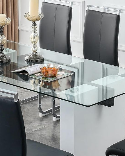 NicBex Large Modern Simple Rectangular Glass Table for 6-8 People, Equipped with 0.4-Inch Tempered Glass Table Top and Large MDF Table Legs for Kitchen, Dining Room, Living Room, White - LeafyLoom