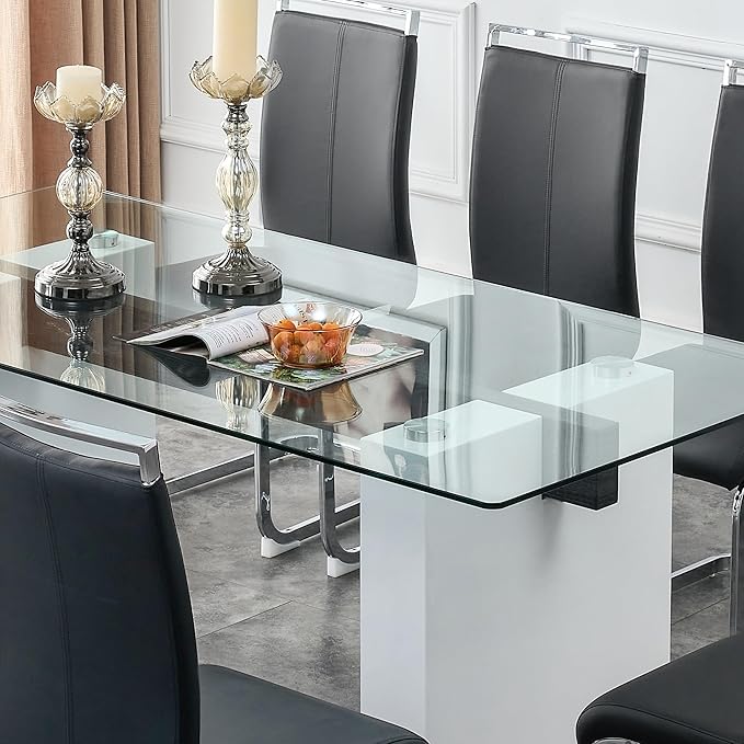 NicBex Large Modern Simple Rectangular Glass Table for 6-8 People, Equipped with 0.4-Inch Tempered Glass Table Top and Large MDF Table Legs for Kitchen, Dining Room, Living Room, White - LeafyLoom