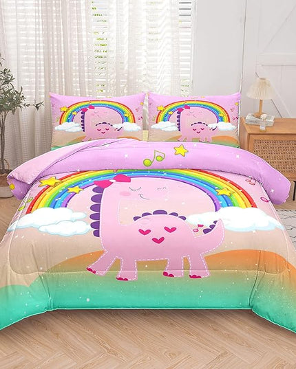 Tailor Shop Dinosaur Girls Comforter Set Queen Size,Rainbow Pink Dinosaur Bedding Set,Cartoon Dino Comforter Sets for Kids Teens，Dinosaur Bed Set,with 1 Comforter 2 Pillowcase - LeafyLoom