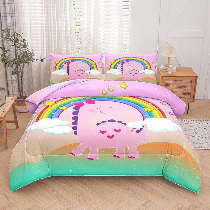 Tailor Shop Dinosaur Girls Comforter Set Queen Size,Rainbow Pink Dinosaur Bedding Set,Cartoon Dino Comforter Sets for Kids Teens，Dinosaur Bed Set,with 1 Comforter 2 Pillowcase - LeafyLoom