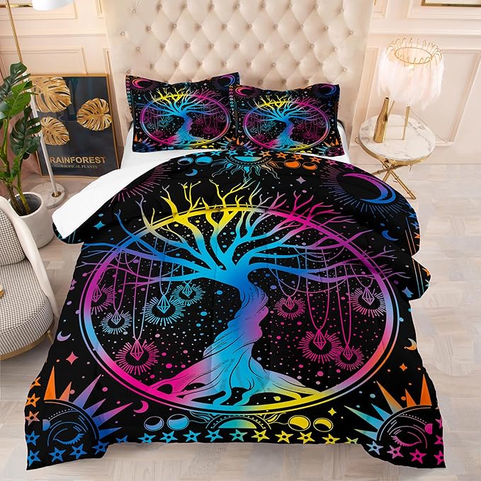 NINENINE Tree of Life Bedding Sets Queen Sun and Moon Comforter Set,Gothic Bohemian Comforter Set for Kids Boys Girls,Galaxy Stars Mandala Tribal Bed Set with 1 Comforter 2Pillowcases… - LeafyLoom