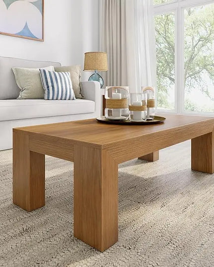 Plank+Beam Modern Rectangular Coffee Table, Solid Wood, 48 Inch, Medium Sized Coffee Table, Center Tables for Small Spaces, Living Space Medium Tea Table, Pecan Wirebrush - LeafyLoom