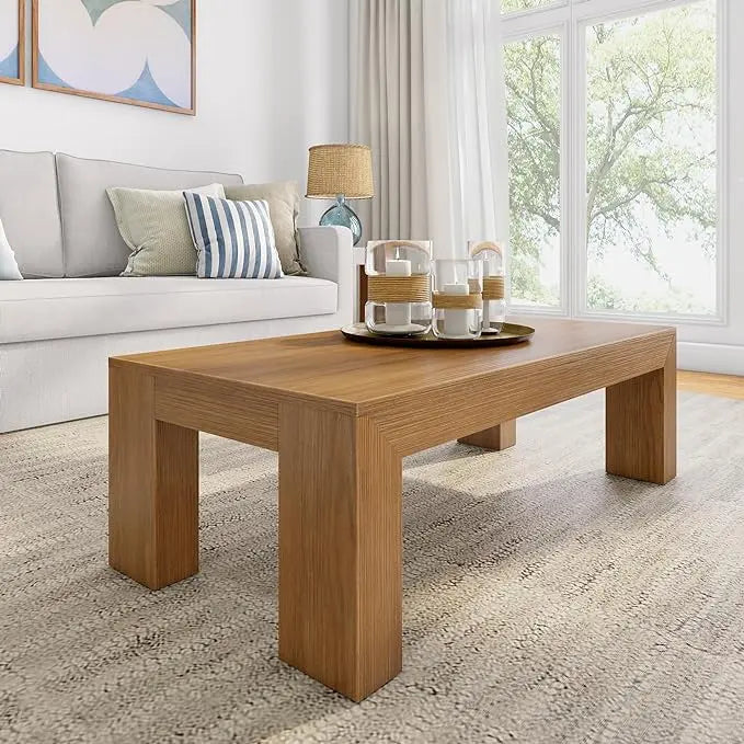 Plank+Beam Modern Rectangular Coffee Table, Solid Wood, 48 Inch, Medium Sized Coffee Table, Center Tables for Small Spaces, Living Space Medium Tea Table, Pecan Wirebrush - LeafyLoom