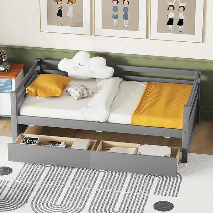 Bellemave Daybed with Two Storage Drawers Wood Day Bed, Sofa Bed Frame with Storage Drawers Daybed Couch with Storage Bed for Living Room Bedroom （Gray） - LeafyLoom