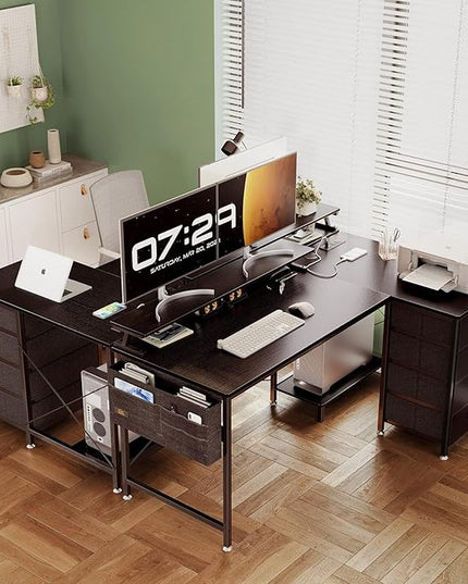 KKL 55 inch L Shaped Computer Desk with USB Charging Port & Power Outlet, L-Shaped Corner Desk with 4 Tier Drawer & Monitor Shelf for Home Office Workstation, Modern Style Writing Table, Black - LeafyLoom