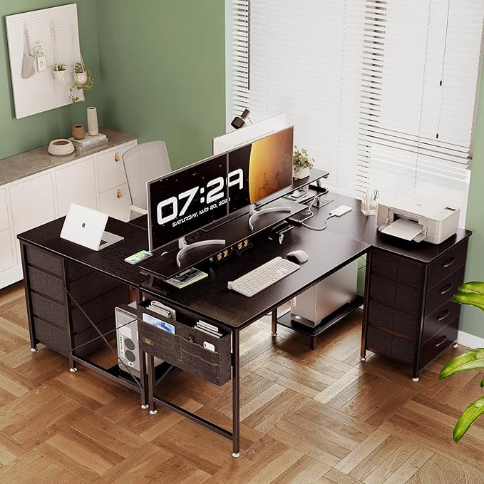 KKL 55 inch L Shaped Computer Desk with USB Charging Port & Power Outlet, L-Shaped Corner Desk with 4 Tier Drawer & Monitor Shelf for Home Office Workstation, Modern Style Writing Table, Black - LeafyLoom