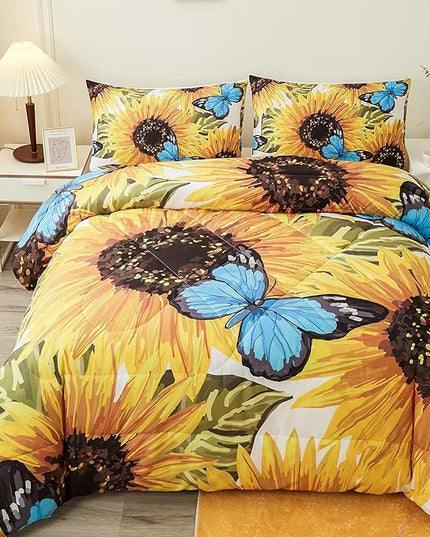 Sunflower Comforter Sets,Beautiful Seamless Pattern with Sunflower Blue Butterflies on White Background,Decorative Bedding Comforter Sets with 2 Pillow Shams, Queen Size - LeafyLoom